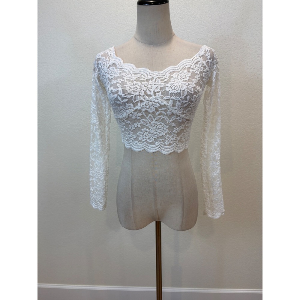 NWT Kendall & Kylie Lace Crop Top S White Sheer Long Sleeve Floral Coquette